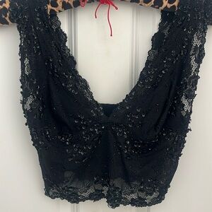 Bebe black crop top with beaded lace detailing, size medium